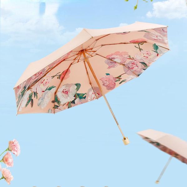 Parapluies Cadre de poteau doré Couleur composite colle sur la protection solaire UV Retro Retro Rain et Umbrel à double usage
