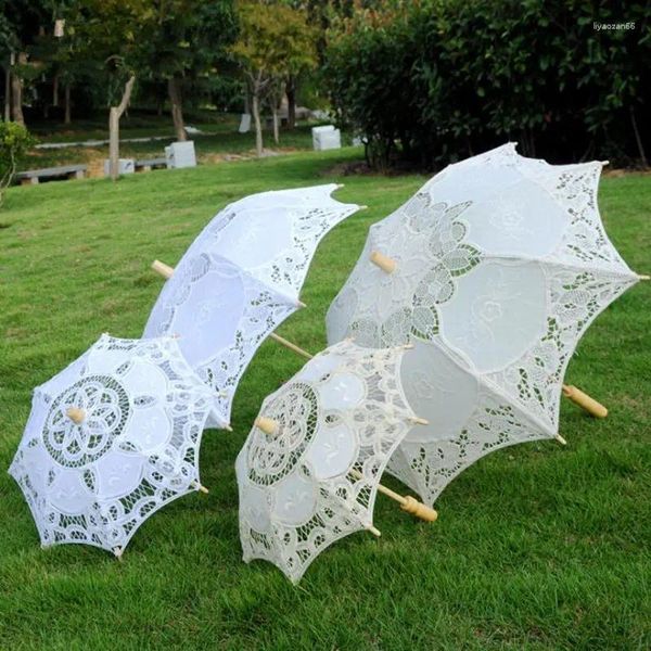 Parapluies faits à la main Vintage ivoire blanc poignée en bois Battenburg dentelle bambou Parasol parapluie pour dame F20233408