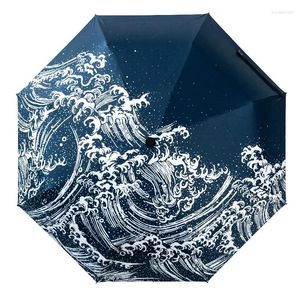 Paraplu's Japanse Kanagawa Surfen Drie opvouwbare paraplu 8-rib windbestendig frame voor dames Waterdicht potloodreizen