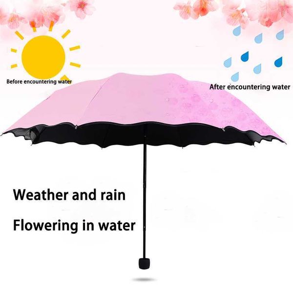 Parapluies dames parapluie portable coupe-vent 3 fleurs pliantes dans l'eau change de couleur Anti-UV soleil/pluie parapluie