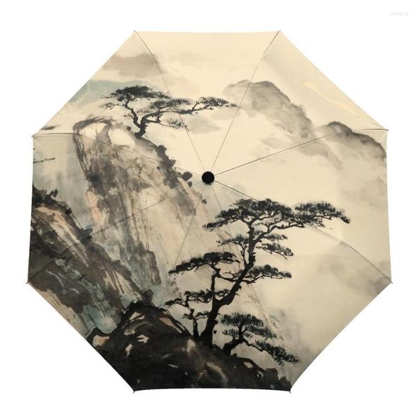 Paraguas paisaje estilo chino Impresión de tinta mujeres hombres lluvia paraguas tres plegable chica Durable portátil regalo automático Parasol