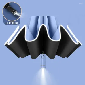 Parapluies LED Parapluie entièrement automatique Bande réfléchissante Pluie Résistant au vent Pliage inversé Anti-UV