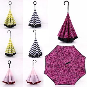 Parapluies Parapluies inversés à rayures léopard avec poignée en C Double couche à l'envers coupe-vent plage inversée pliante parapluie pluvieux ensoleillé WX92