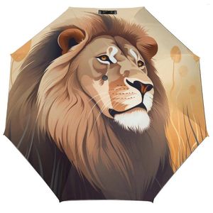 Parapluies Lion 3 Pli Auto Parapluie Vecteur Animaux Plats Manteau Noir Protection UV Portable Pour Hommes Femmes