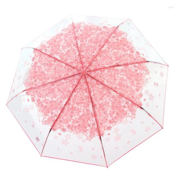 Paraguas Manual Paraguas coreano plegable lindo mini fresco simple Sen serie triple japonés flor de cerezo transparente