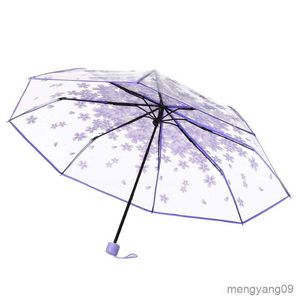 Parapluies Manuel Femme Transparent Fleurs Transparentes Parapluie Anti-UV Parapluie Soleil Fleur De Cerisier Parapluies Pliants Parapluie De Pluie Parasol R230705