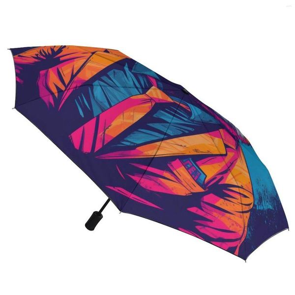 Paraguas Panda 3 Fold Auto Umbrella Ilustración vintage Marco de fibra de carbono resistente al viento portátil para hombres y mujeres