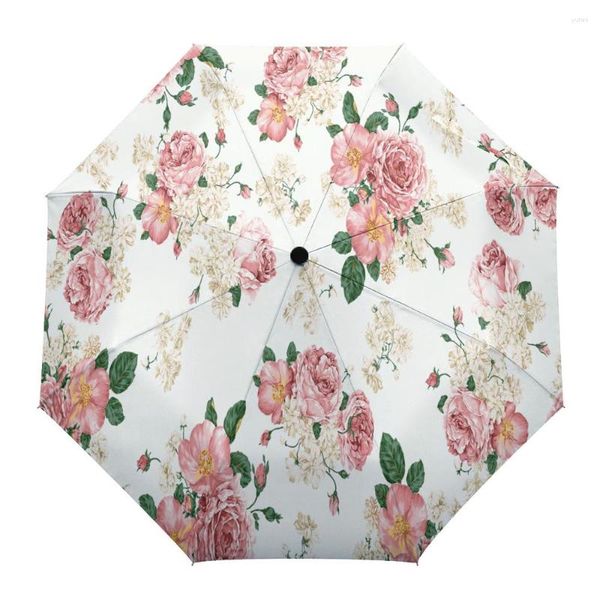 Parapluies fleurs roses feuilles vertes Parasol pour extérieur entièrement automatique huit os pluie parapluie cadeau adultes enfants