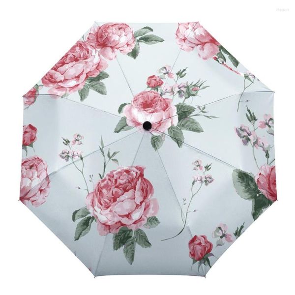 Paraguas rosa flor acuarela pintura creativa paraguas lluvia mujeres automático tres plegable a prueba de viento Parasol Parapluie