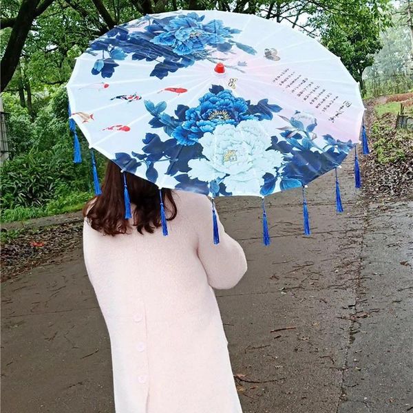 Parapluies Prop Parapluie Femmes Ruban Glands Ancien Costume Cheongsam Hanfu Spectacle Classique Soie Danse