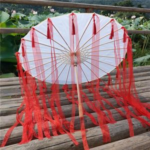 Parapluies Rouge Antique Parapluie Avec Gland Ruban Blanc Hanfu Accessoire Costume Ancien Pographie Prop Soie Parasol