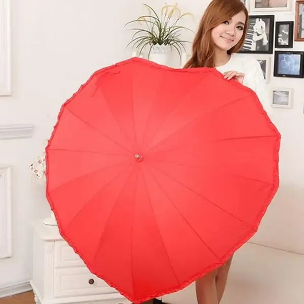 Paraguas Paraguas en forma de corazón rojo Parasol romántico de mango largo para accesorios de boda Regalo del día de San Valentín al por mayor