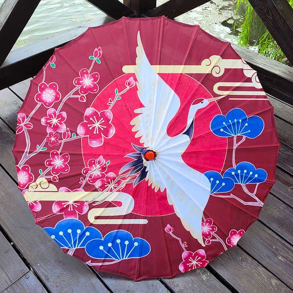 Parapluies Rétro Grue Tissu De Soie Femmes Parapluie Art Chinois Joli Oiseau Danse Ancienne Parapluie Papier Huile Manche En Bois Parapluie Décoratif