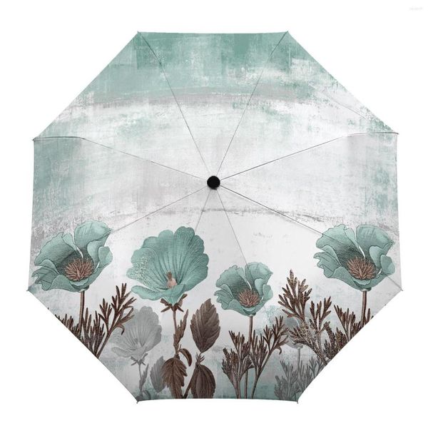 Parapluies rustique vintage plante florale abstrait automatique parapluie voyage pliant portable coupe-vent parasol