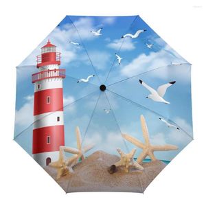 Parapluies Sea Beach Lighthouse Starfish Seagull Creative Umbrella Rain Women Automatic Three plifing Windprooter Parasol Parapluie