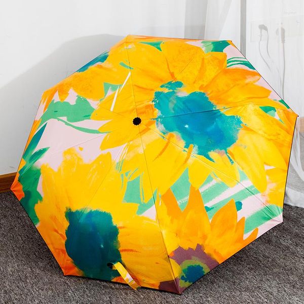 Parapluies tournesols peinture à l'huile parapluie Parasol pluie Protection solaire femmes trois pliant Portable coupe-vent soleil/pluie extérieur