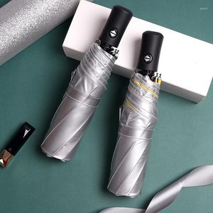 Paraguas Tres plegables Titanio Plata Plástico Paraguas automático UV Protector solar Señoras Lluvia y sol