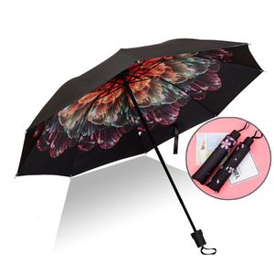 Paraplu's Topkwaliteit Paraplu Heren Regen Dames Winddicht Grote Paraguas 3D Bloemenprint Sunny Antisun 3 Opvouwbare Outdoor Parapluie 230920