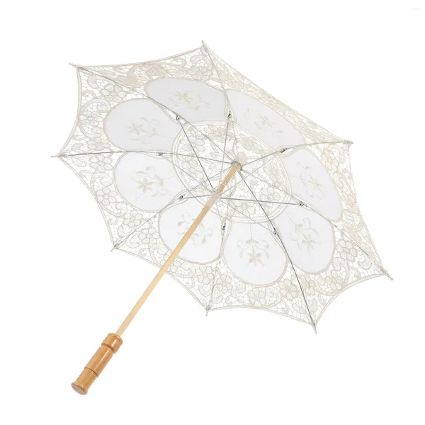 Parapluies Transparent Parapluie De Poche Robe De Mariée Blanc Parasol Pographie Prop En Bois Dentelle Brodé Poignée Robes De Mariée