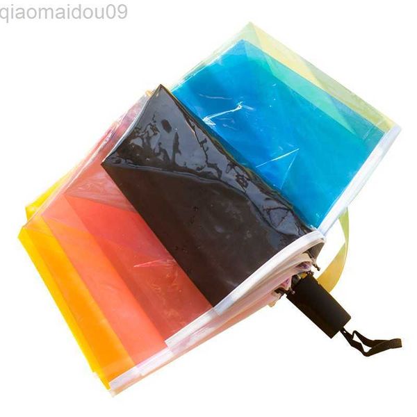 Umbrellas a prueba de viento para el viento para el arcoiris de color del arco iris de viaje, tres plegables, la lluvia transparente de la lluvia, los regalos de la niña, parasol aa230404