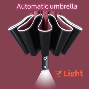 Paraplu's parasols volledig automatische UV -paraplu met LED -zaklamp reflecterende streep omgekeerd groot voor regenzon warmte isolatie parasol 230