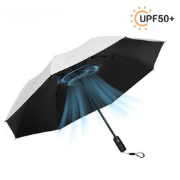 Paraplu's Luxe USB Oplaadbare Opvouwbare Fanparaplu Strandparasol Creatieve Draagbare UV-paraplu Opvouwbare strandparaplu Buiten 231007