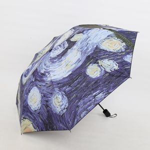 Paraplu's Vincent van Gogh Oil Painting Sterrennacht drie vouwen paraplu 8 rib windbestendig frame voor vrouwen mannen kinderen 230314