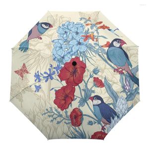 Parapluies Vintage Fleurs Oiseau Papillon Creative Parapluie Pluie Femmes Automatique Trois Pliage Coupe-Vent Parapluie Parapluie