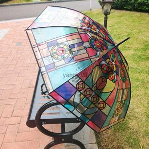 Paraplu's vintage geschilderd glas transparante heldere paraplu cartoon lange handgreep paraplu prachtige gekleurde glazen paraplu zonbescherming hkd230817