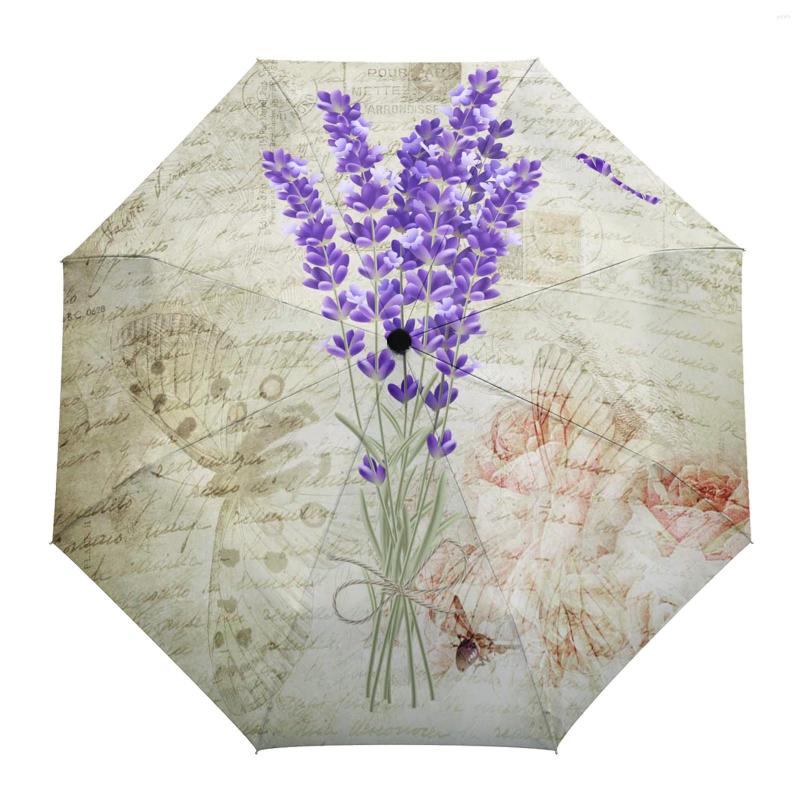 Umbrellas Vintage Plant Lavender Purple Flower Butterfly Custom Automatic For Women Male Windproof Folding Rain Umbrella Parasol