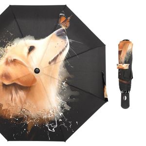 Paraguas Acuarela Golden Retriever Perro Con Mariposa Paraguas Tres Plegables Gran Lluvia Mujeres Automático A Prueba De Viento Hombres