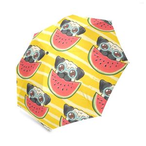 Paraguas Sandía Pug Perro Paraguas de lluvia plegable Verano para niños Bolsillo a prueba de viento Viaje portátil Regalo de los amantes de San Valentín