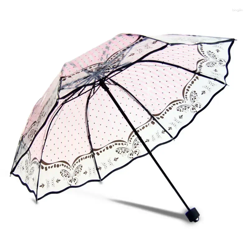 Parapluies Wave Edge Vintage Parapluie Transparent PVC Trois Volets Arc Papillon Rose