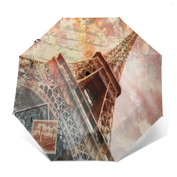 Umbrellas resistente al viento para paraguas totalmente automática Torre Eiffel Paris Abstract Art Rain 3 plegable Parasol Travel Car