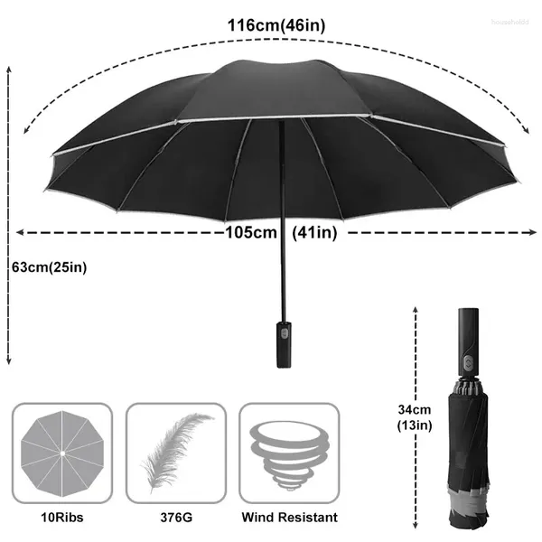 Paraguas a prueba de viento a prueba de viento Paraguas automático lluvia mujeres hombres coche grande negocio 3 plegable 10 costillas reflectante raya Paraguas