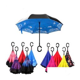 Parapluies coupe-vent inversé pliable double couche inversé Chuva parapluie auto-support à l'envers protection contre la pluie mains avec crochet en C pour voiture Dhmvf