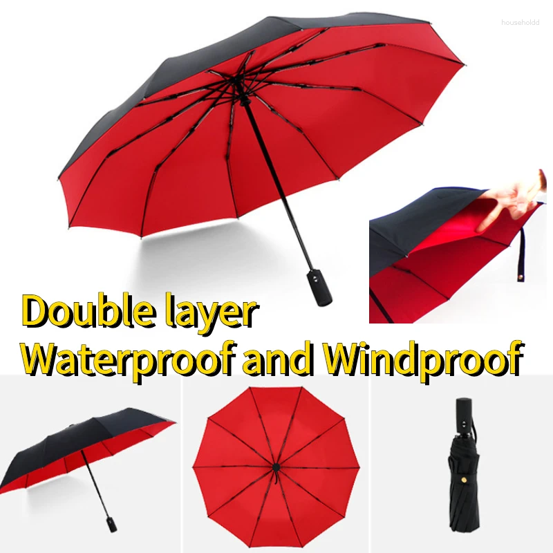 Umbrellas Windproof Strong 10 Bone Double Layer Reinforced Automatic Folding Umbrella Waterproof Sunproof Uv Sunny Rainy For Men