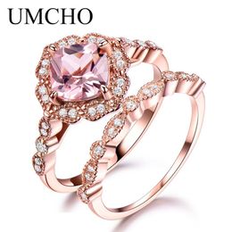 UMCHO 925 bague en argent Sterling ensemble femme Morganite fiançailles bande de mariage mariée Vintage empilage anneaux pour femmes bijoux fins C219c