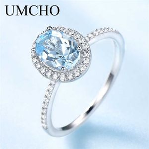 UMCHO Luxe Créé Ovale Ciel Bleu Topaz Anneaux Réel 925 Sterling Argent Bande De Mariage Pour Les Femmes Cocktail Fine Bijoux 211217