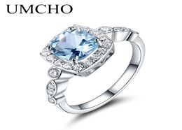 UMCHO REAL S925 BAGKS SIRTS STERLING POUR FEMMES BLUE TOPAZ RING GEM STAILLE Aquamarine Cushion Romantic Gift Engagement Bijoux C09242879508