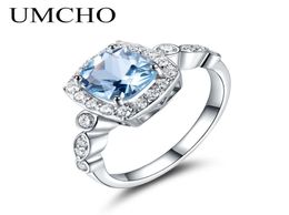 Umcho Real S925 Sterling Silver Rings para mujeres Ring de topacio azul Gemstone Aquamarine Cushion Joya de compromiso de regalo romántico C09242815138