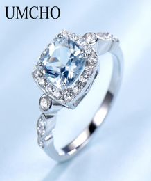 UMCHO REAL S925 BAGKS SIRTS STERLING POUR FEMMES BLUE TOPAZ RING GEM STAILLE Aquamarine Cushion Romantic Gift Engagement Bijoux Y19063588205