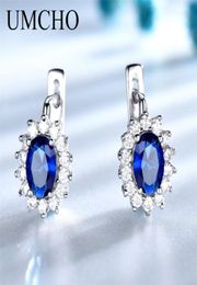 UMCHO Solid 925 Boucles d'oreilles à clip de pierre de pierre en argent sterling pour femmes Blue Sapphire Fine Bijoux Engagement de mariage Valentine039 GI3314083