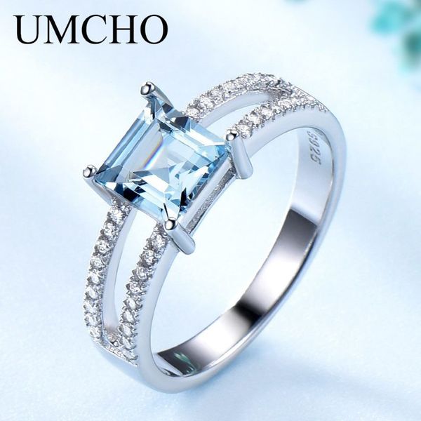 UMCHO Solide 925 Bijoux En Argent Sterling Créé Nano Ciel Bleu Topaze Anneaux Pour Les Femmes Cocktail Bague De Noce Fine Jewelry CJ191249k