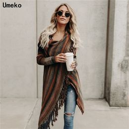 Umeko herfst dames onregelmatige regenboog gestreepte print trui gebreide trui vrouwen lange mouw cape casual plus size trui 201221