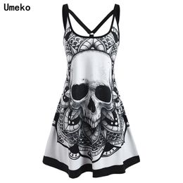 Umeko zomer goth plus size schedelprint vrouwen mouwloze mini jurk y2k dames casual jurken voor Tver Dark Academia alt kleding 220521