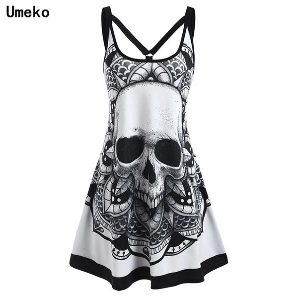 Umeko Summer Goth Plus Size Crâne Imprimer Femmes Mini Robe Sans Manches Y2K Dames Robes Décontractées pour Tver Dark Academia Alt Vêtements 220613