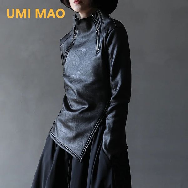 UMI MAO Dark Yamamoto Style col montant irrégulier fermeture éclair diagonale sweat-shirt en faux cuir femme Cool noir veste gothique Y2K 231226