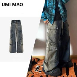 Umi Mao Ro Style Mens Vêtements pour femmes Urban Unisexe Pantalon Lavage de la jambe large multi-poche Jeans Gradient Fashion 240510
