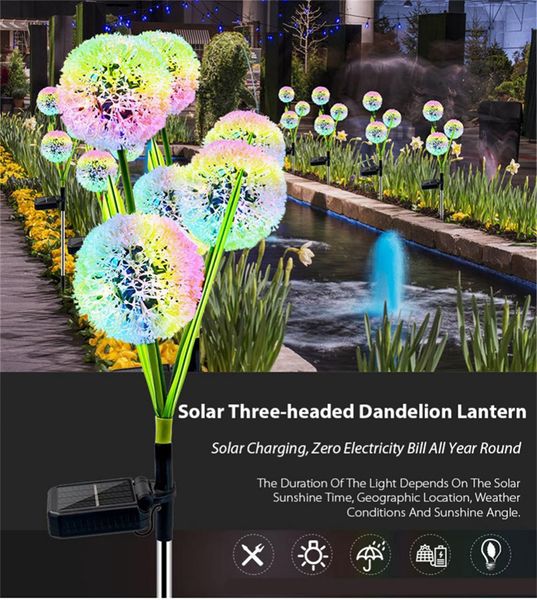 Luz Led Solar de flor de diente de león de 3 cabezas para exteriores, césped y jardín, estacas de calle, lámparas de hadas, decoración artística para patio